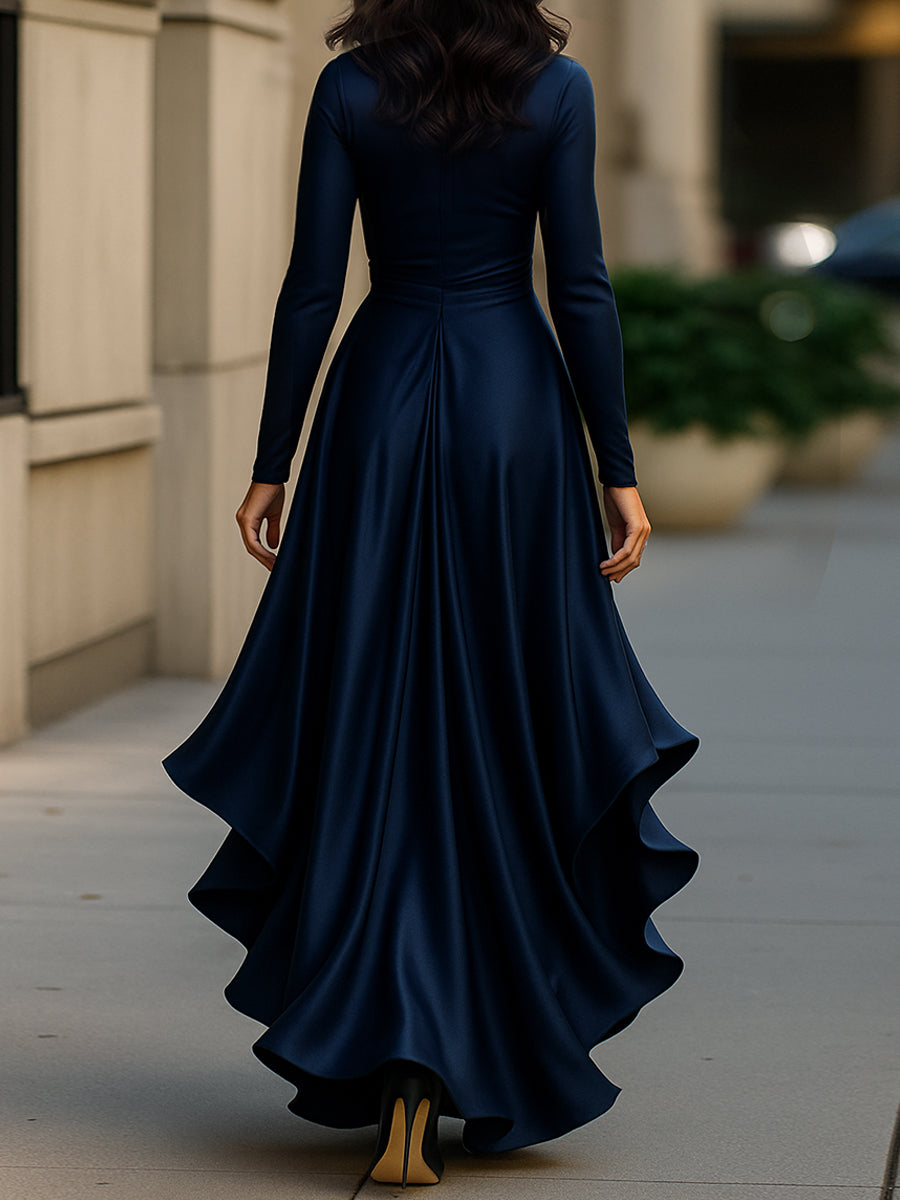 Pleated Satin Maxi Dress With Ruffle Details