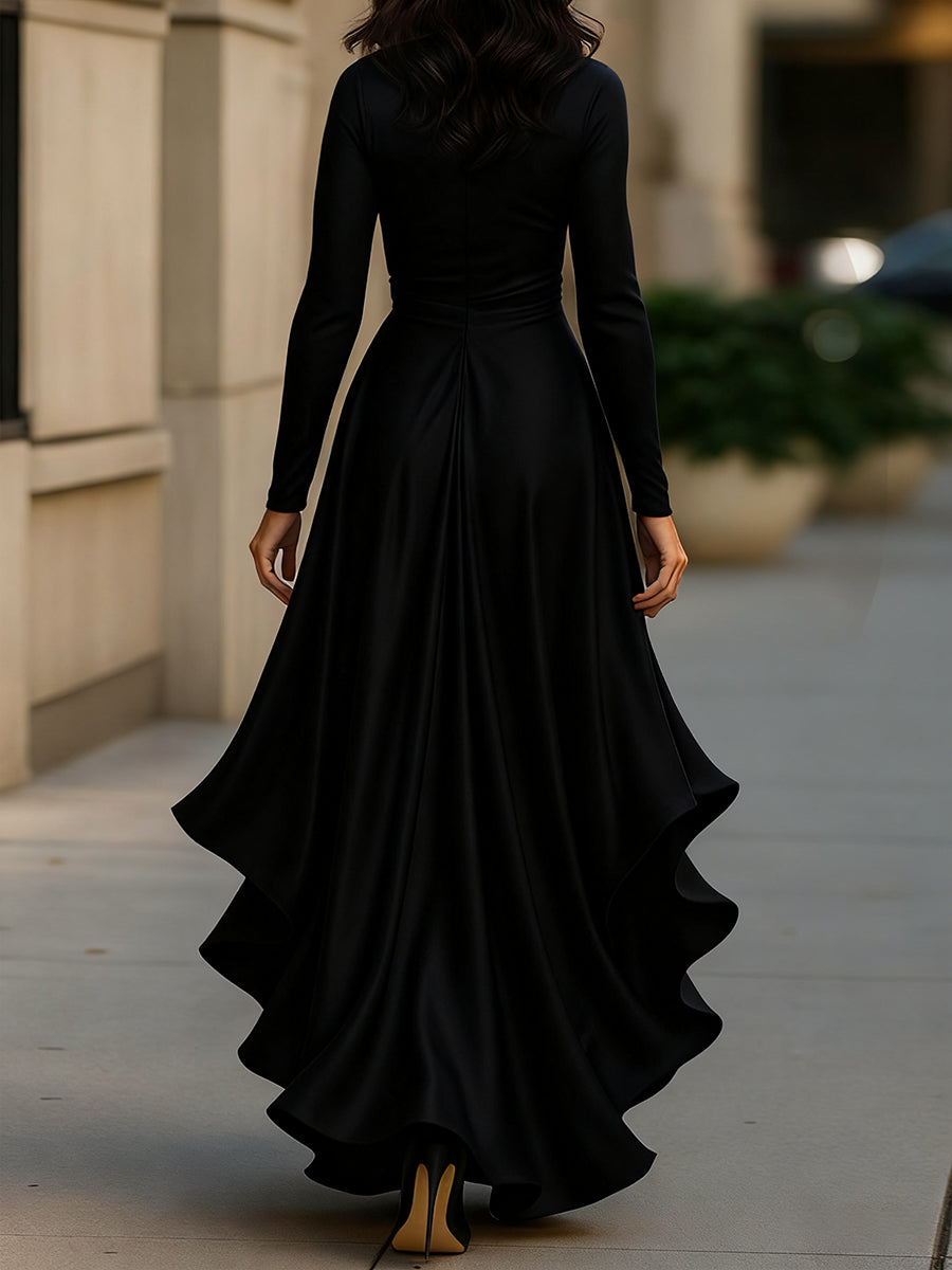 Pleated Satin Maxi Dress With Ruffle Details