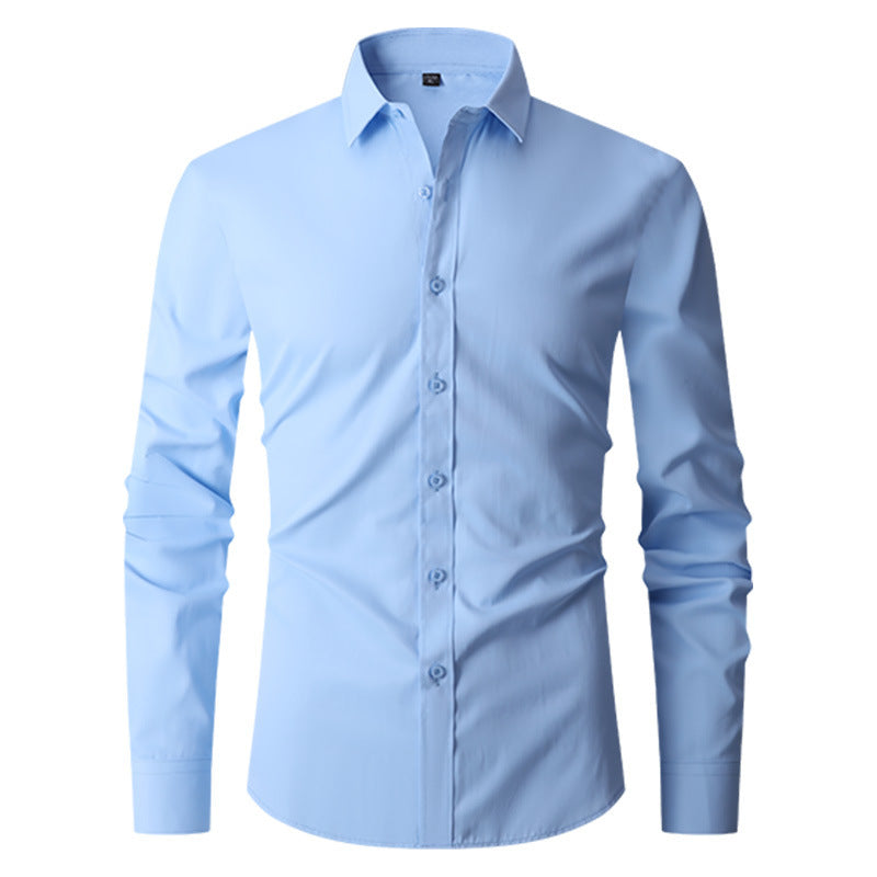 Camicia azzurra da uomo a maniche lunghe, elegante e moderna, con colletto classico e bottoni frontali. Ideale per abbigliamento formale e casual.