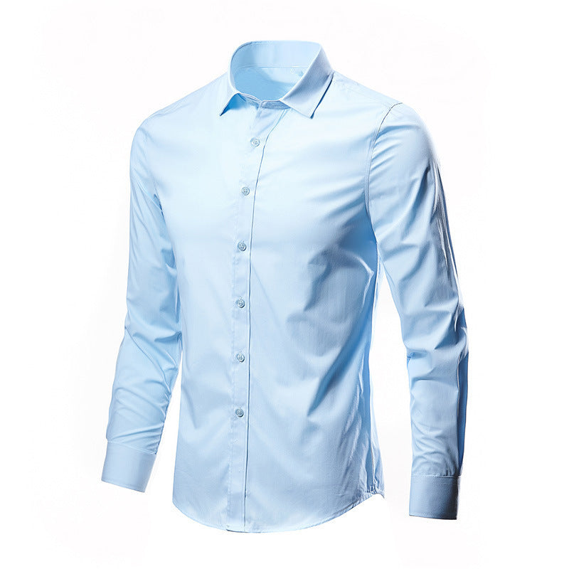 Camicia azzurra da uomo a maniche lunghe, elegante e moderna, perfetta per ufficio o eventi formali. Tessuto leggero e confortevole.