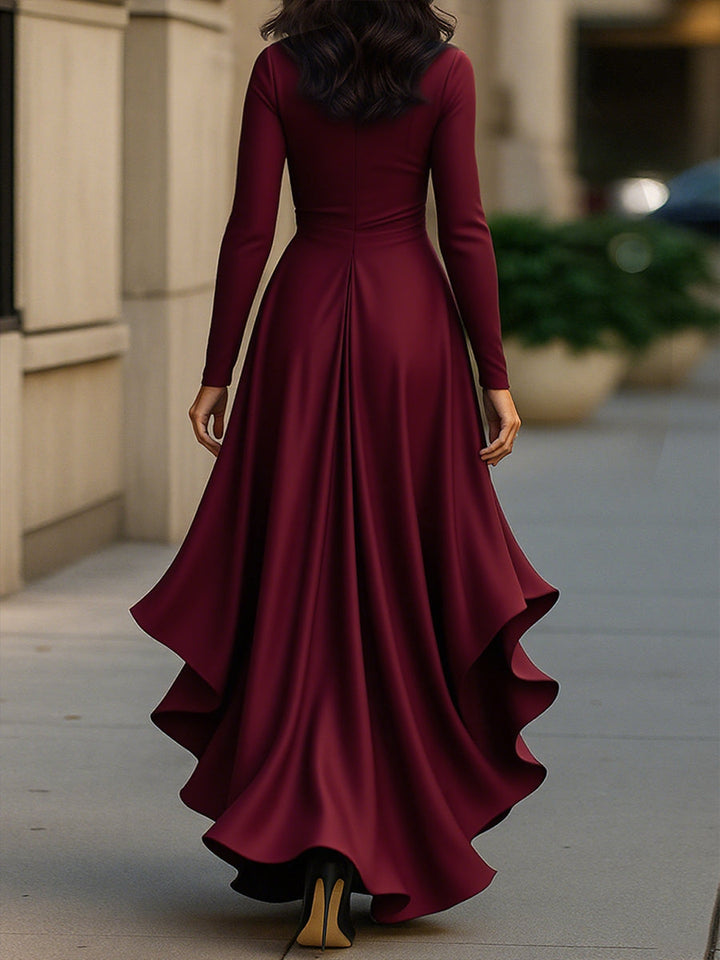 Pleated Satin Maxi Dress With Ruffle Details