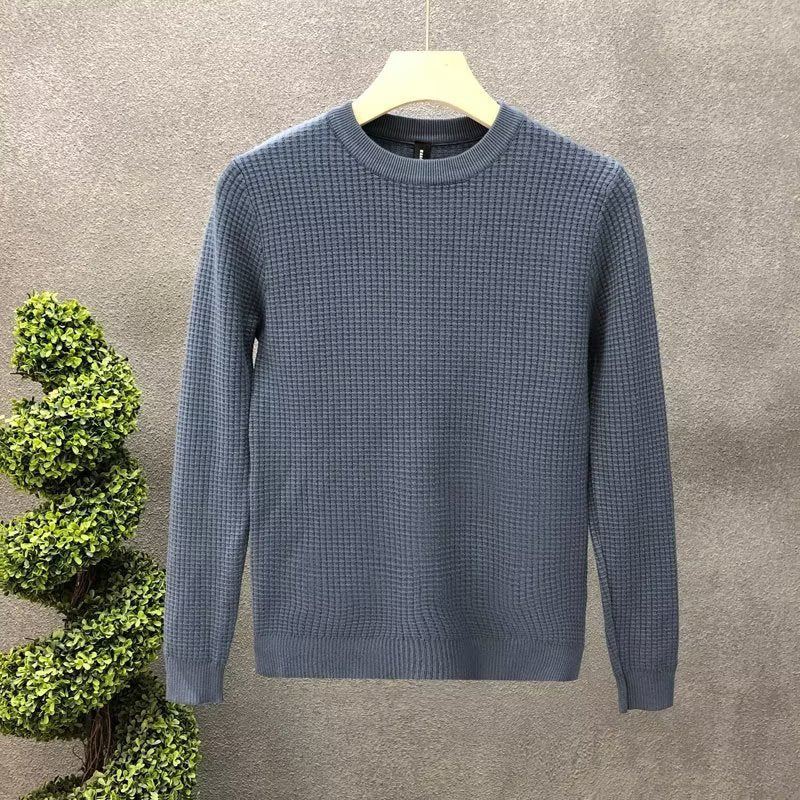 Maglione blu a maglia grossa su appendiabiti, sfondo grigio, pianta decorativa. Maglione uomo, moda autunno inverno, abbigliamento casual elegante.