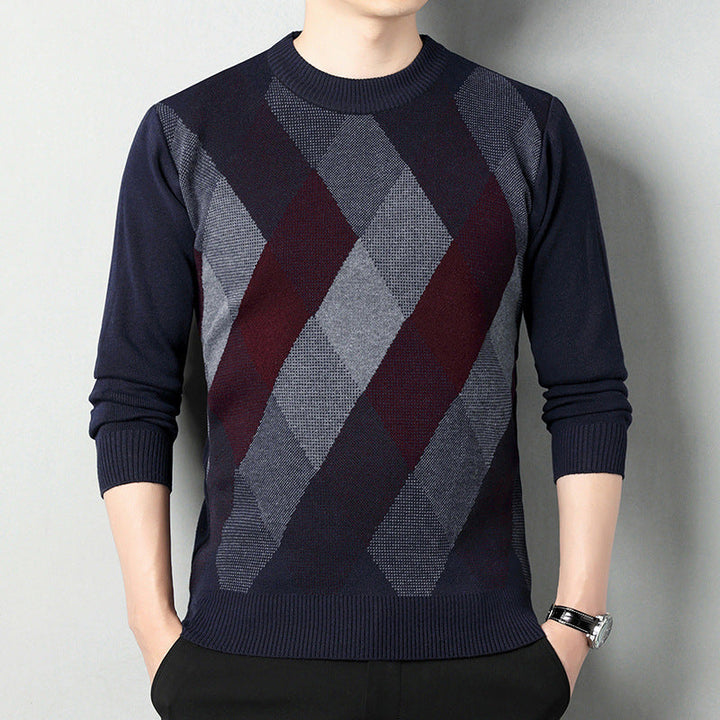 Maglione uomo a rombi blu e grigi, maniche lunghe, stile casual elegante, perfetto per autunno e inverno. Moda maschile moderna.