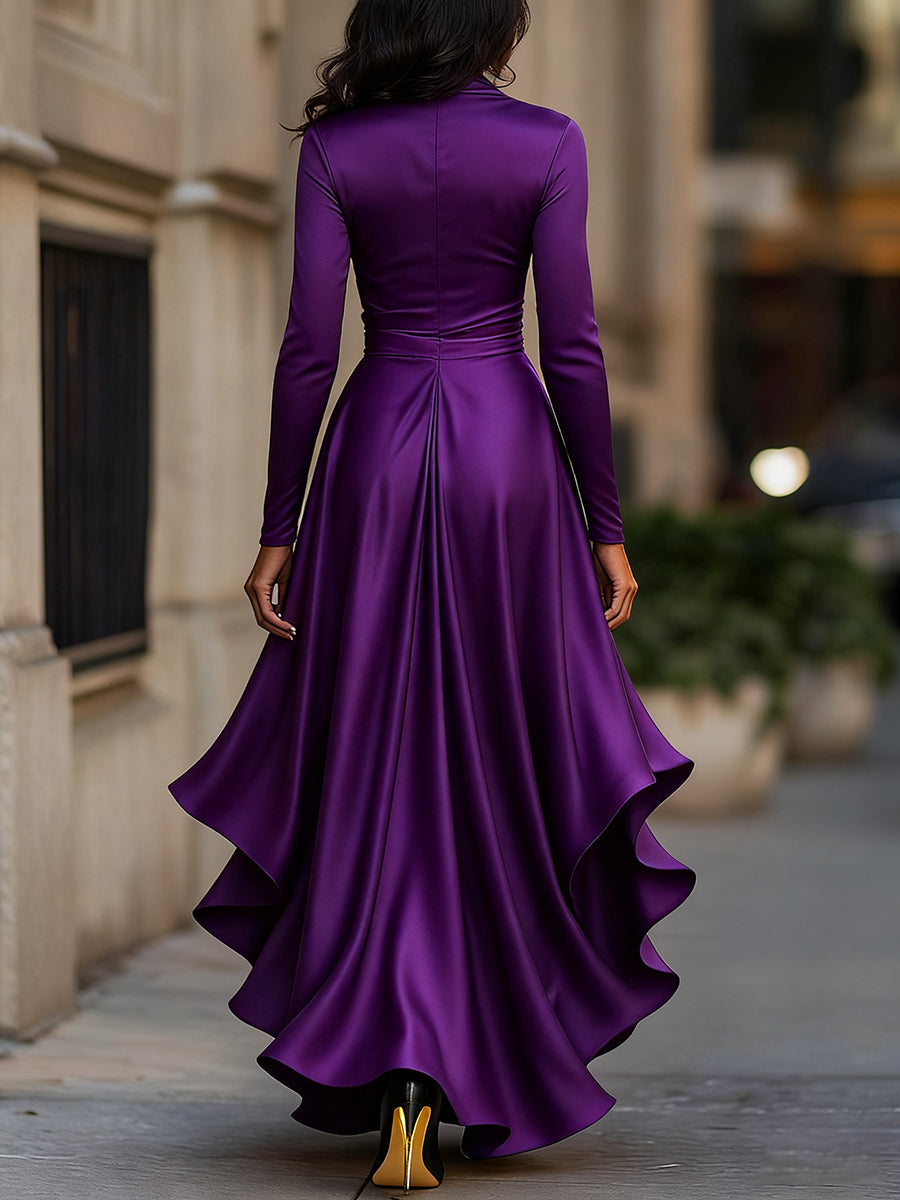 Pleated Satin Maxi Dress With Ruffle Details