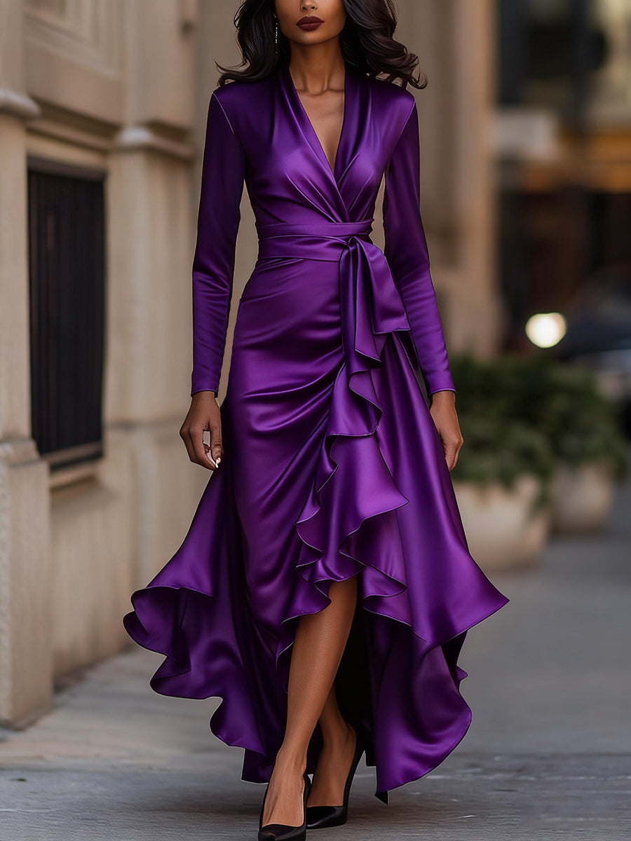 Pleated Satin Maxi Dress With Ruffle Details