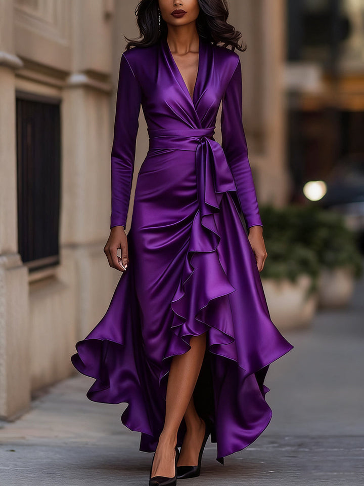 Pleated Satin Maxi Dress With Ruffle Details
