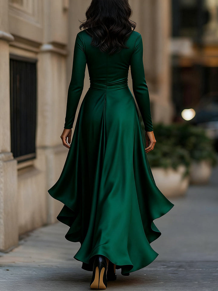 Pleated Satin Maxi Dress With Ruffle Details