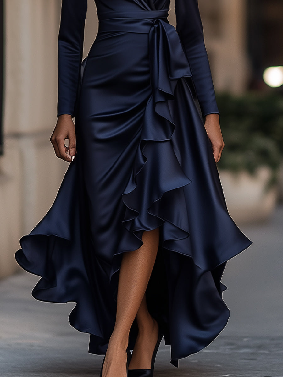 Pleated Satin Maxi Dress With Ruffle Details