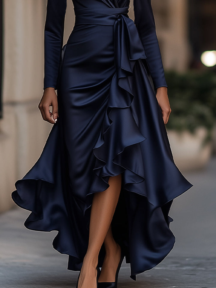 Pleated Satin Maxi Dress With Ruffle Details
