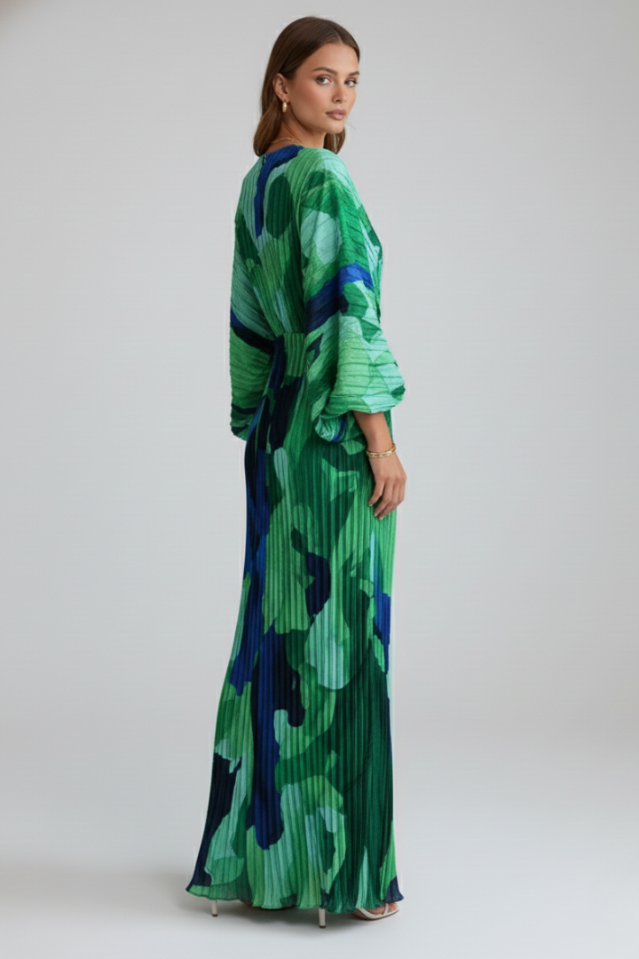 Women’s Long Dress with V-Neckline and Pleated Finish