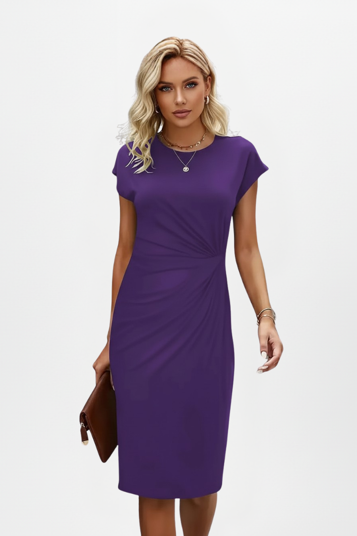 Women’s Knee-Length Dress with Round Neck and Ruched Waist