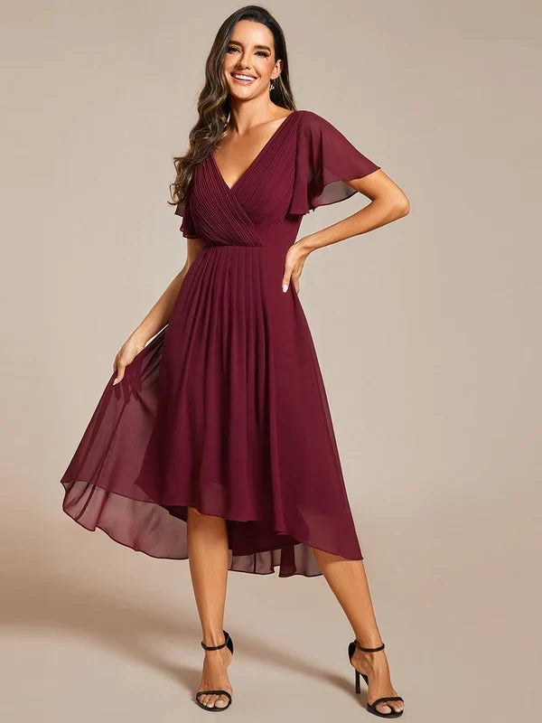 Women's Chiffon Wedding Guest Dress | A-Line Midi Occasion Dress | V-Neck Flowing Silhouette | Cocktail Party Formal Wear