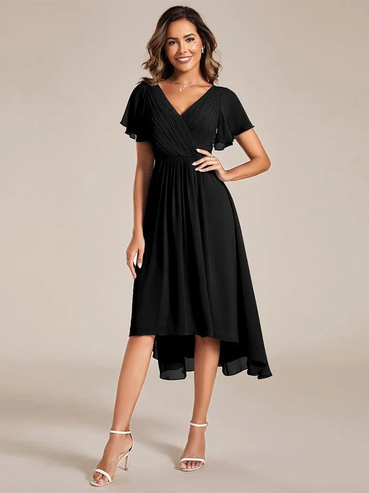 Women's Chiffon Wedding Guest Dress | A-Line Midi Occasion Dress | V-Neck Flowing Silhouette | Cocktail Party Formal Wear