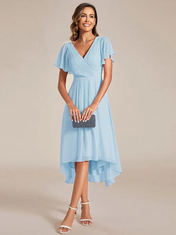 Women's Chiffon Wedding Guest Dress | A-Line Midi Occasion Dress | V-Neck Flowing Silhouette | Cocktail Party Formal Wear
