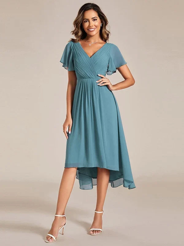 Women's Chiffon Wedding Guest Dress | A-Line Midi Occasion Dress | V-Neck Flowing Silhouette | Cocktail Party Formal Wear