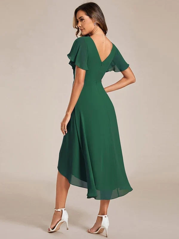 Women's Chiffon Wedding Guest Dress | A-Line Midi Occasion Dress | V-Neck Flowing Silhouette | Cocktail Party Formal Wear