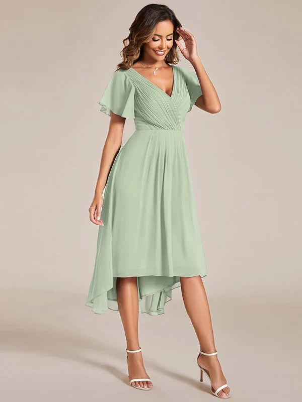 Women's Chiffon Wedding Guest Dress | A-Line Midi Occasion Dress | V-Neck Flowing Silhouette | Cocktail Party Formal Wear