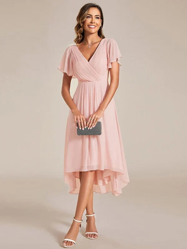Women's Chiffon Wedding Guest Dress | A-Line Midi Occasion Dress | V-Neck Flowing Silhouette | Cocktail Party Formal Wear