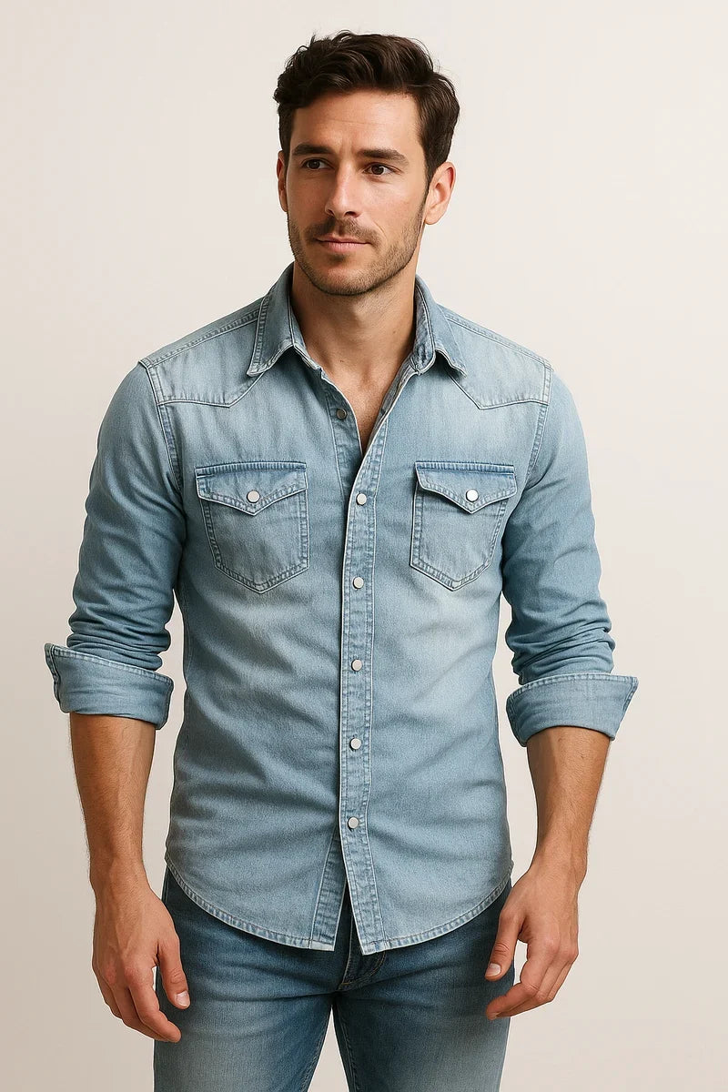 Men's Denim Shirt | Durable Casual Long Sleeve Button Down | Versatile Denim Top for Layering or Everyday Wear