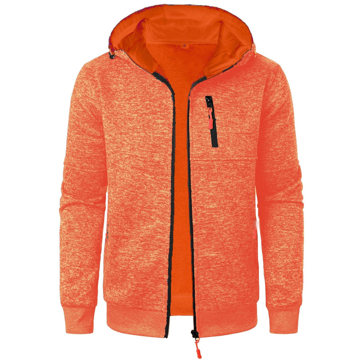 Giacca arancione con cappuccio, zip frontale e tasca con cerniera sul petto. Design sportivo, tessuto melange, ideale per attività outdoor.