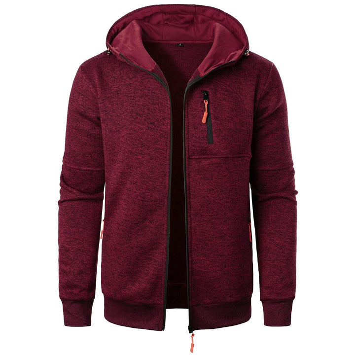 Felpa con cappuccio bordeaux, zip frontale, tasca sul petto, design casual, moda uomo, abbigliamento autunnale, tessuto morbido e confortevole.