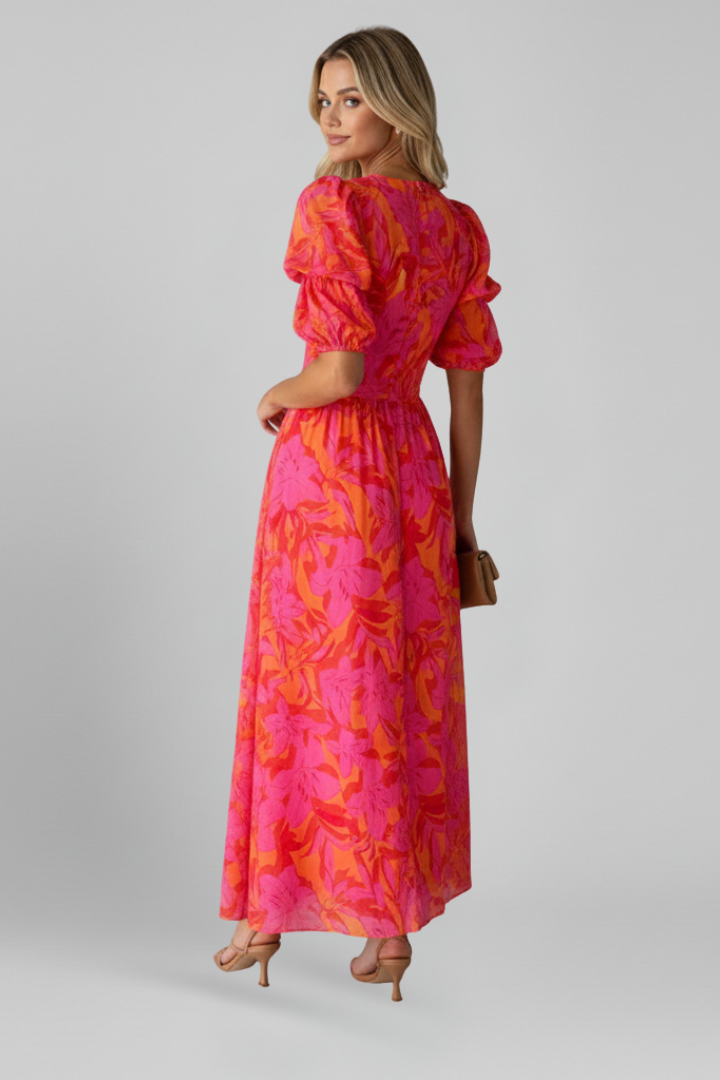 Women’s Dress with V Neck and Puff Sleeves