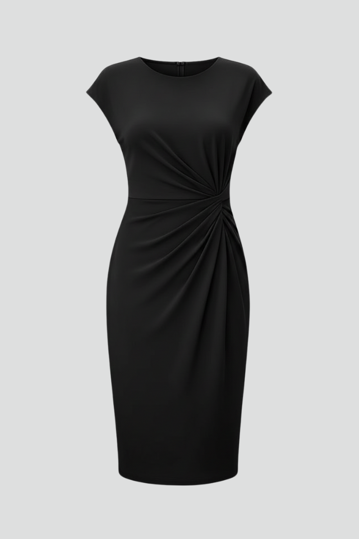 Women’s Knee-Length Dress with Round Neck and Ruched Waist