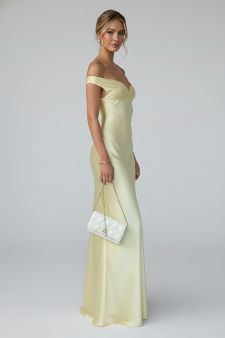 Women’s Maxi Dress with Off-Shoulder Neckline and Fitted Upper