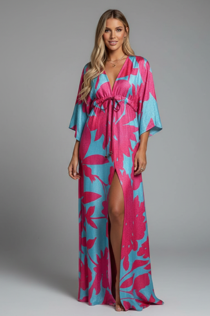 Women’s Maxi Dress with V Neckline and Tie Waist