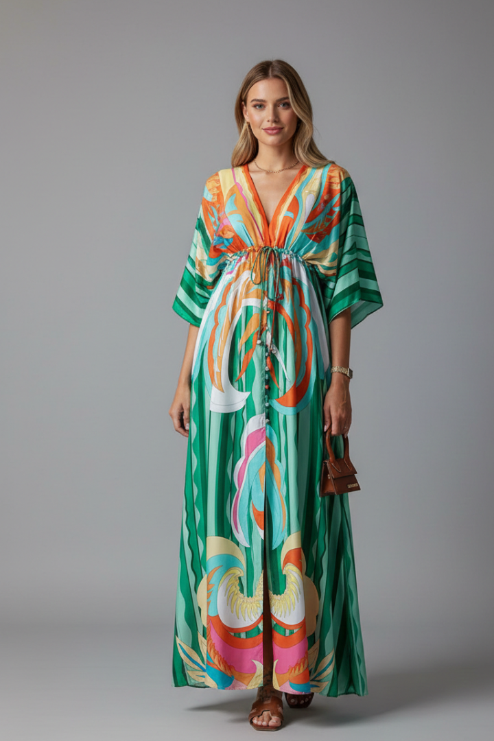 Women’s Maxi Dress with V Neckline and Tie Waist