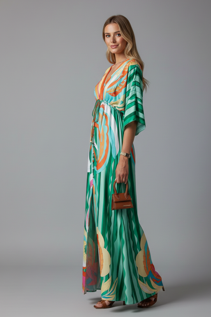 Women’s Maxi Dress with V Neckline and Tie Waist