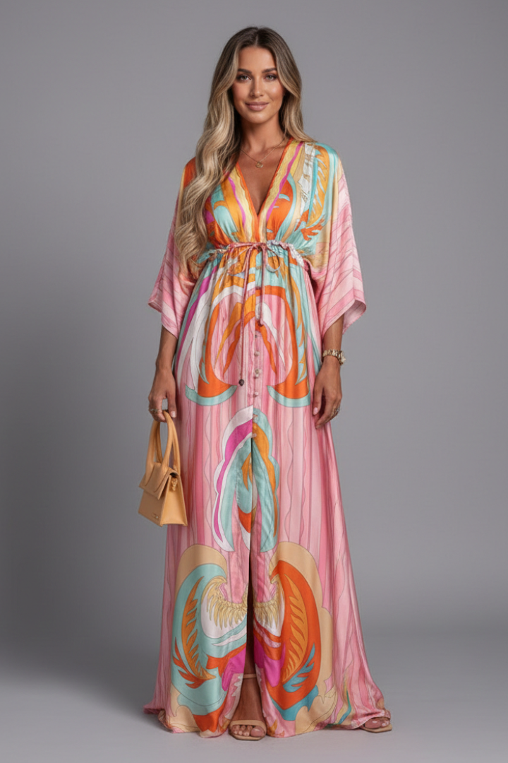 Women’s Maxi Dress with V Neckline and Tie Waist