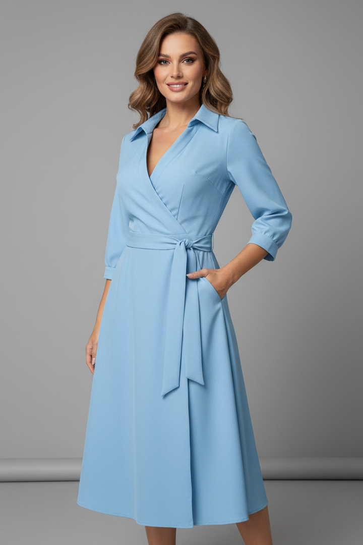 Women’s Midi Dress with V-Shaped Neckline and Long Sleeves