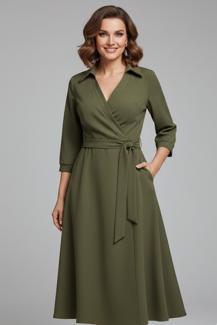 Women’s Midi Dress with V-Shaped Neckline and Long Sleeves