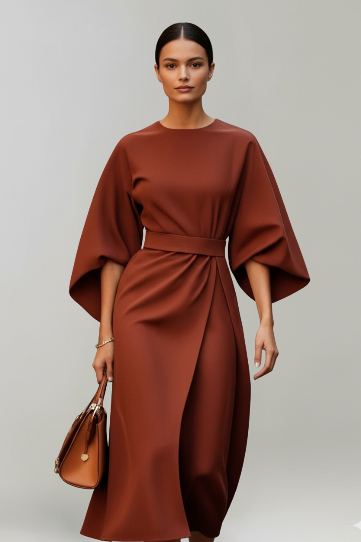 Women’s Midi Dress with Wide Sleeves and Belted Waist