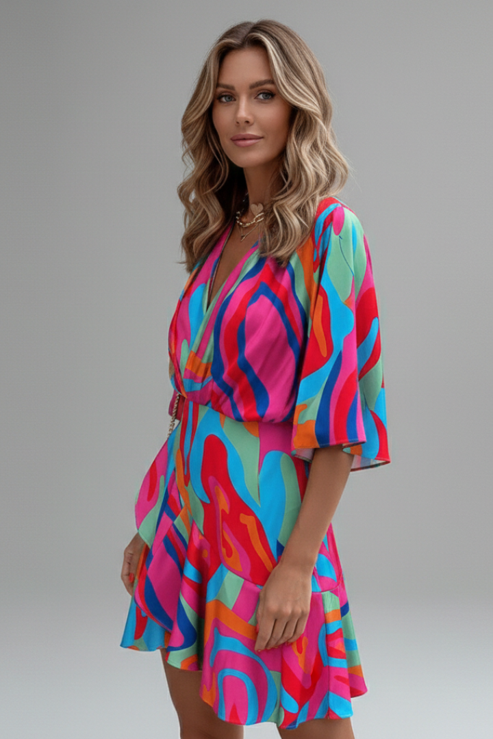 Women’s Mini Dress with Batwing Sleeves and Waist Tie