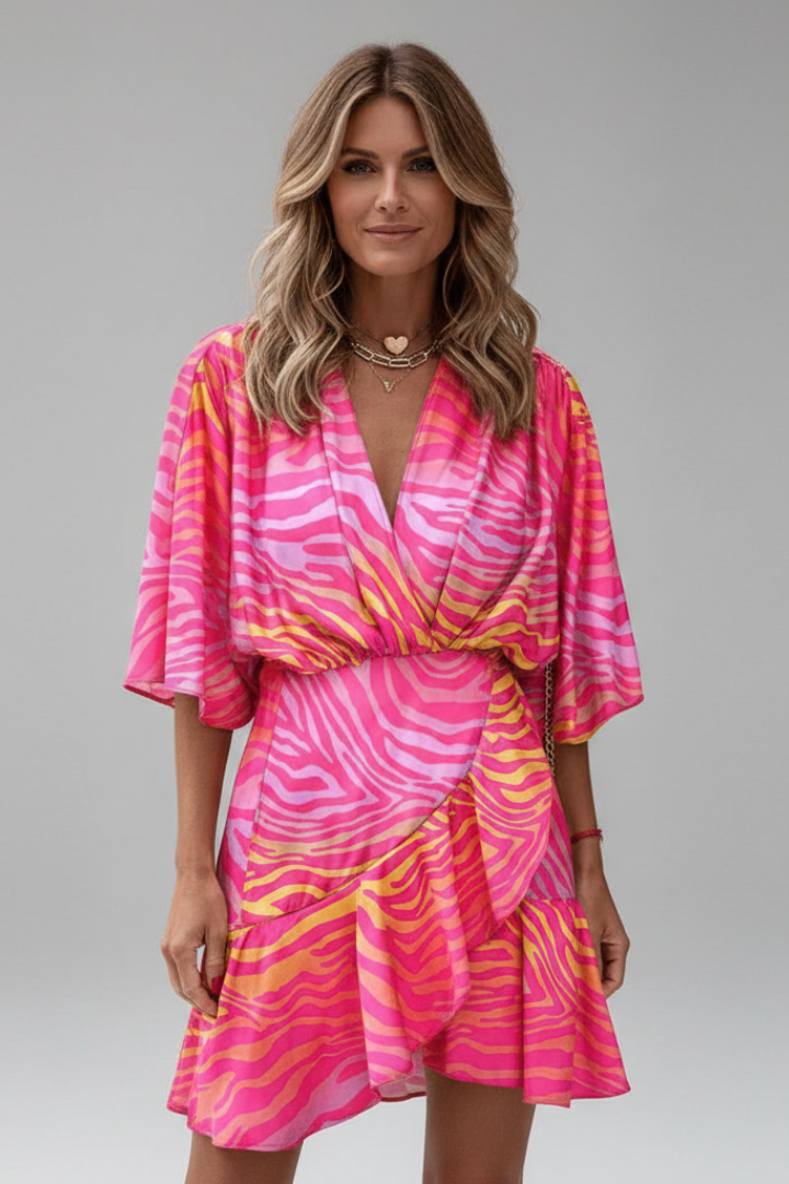 Women’s Mini Dress with Batwing Sleeves and Waist Tie