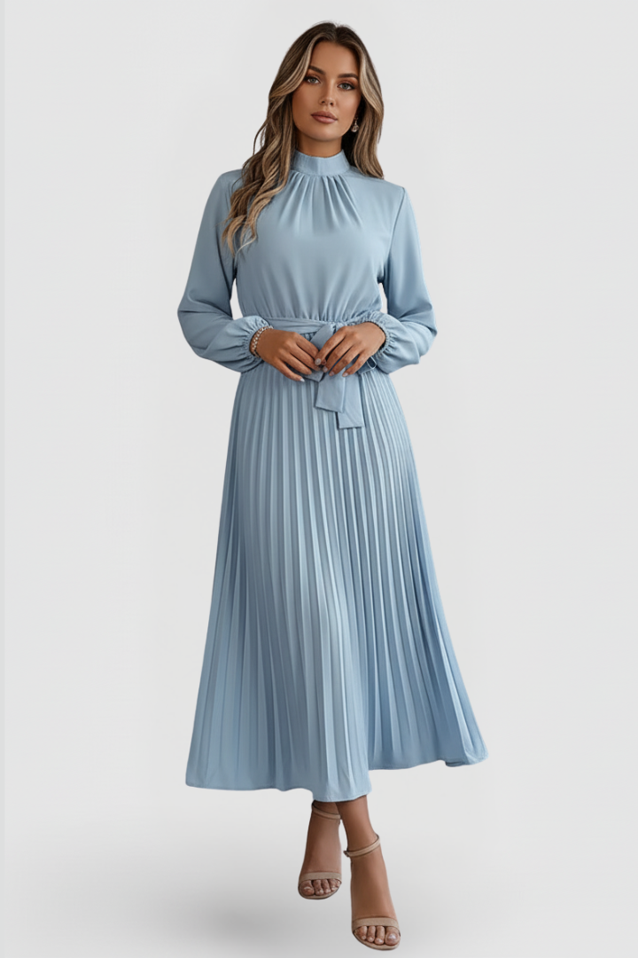 Women’s Pleated Dress with Long Sleeves and Waist Tie