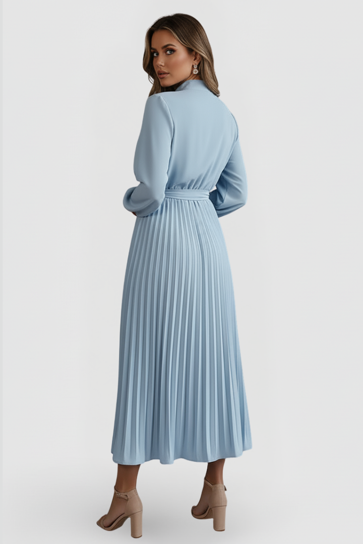 Women’s Pleated Dress with Long Sleeves and Waist Tie