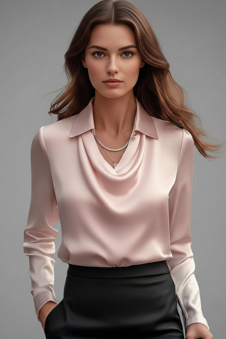 Women’s Satin Blouse with Draped Collar and Long Sleeves