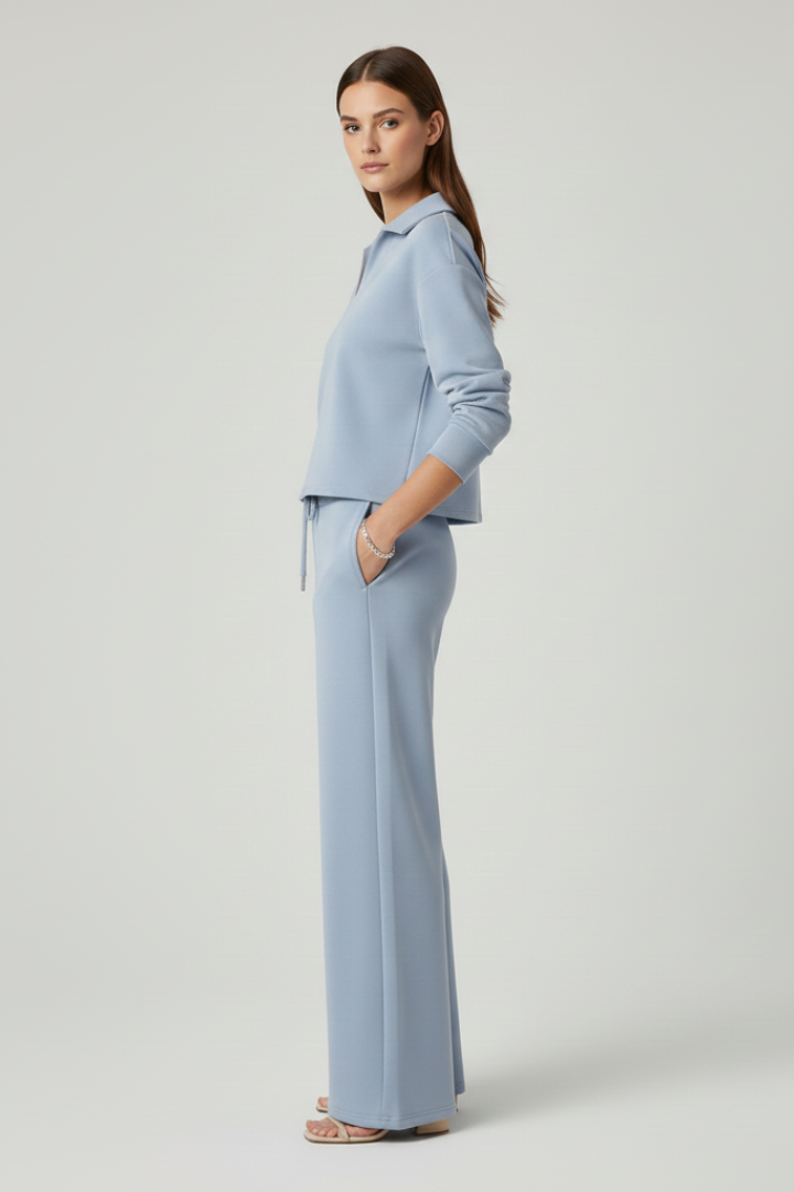 Women’s Two-Piece Set with V-Neck Top and Wide-Leg Pants