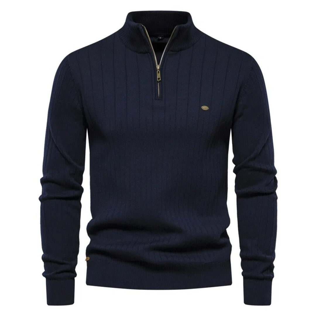 Maglione uomo blu scuro con zip, collo alto, design a coste, elegante e casual, perfetto per l'autunno e l'inverno, moda maschile.