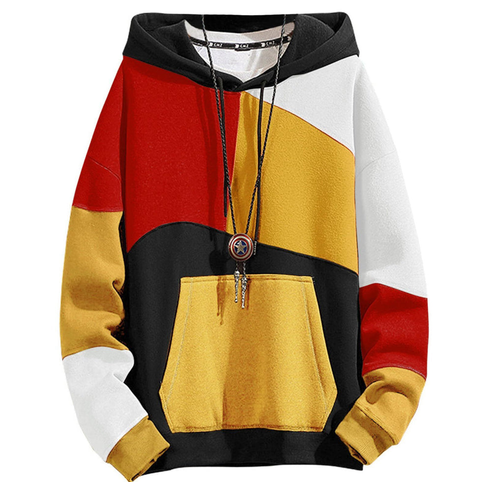 Felpa con cappuccio multicolore, design astratto rosso, giallo, nero e bianco, tasca frontale, collana con ciondolo. Moda streetwear unisex.