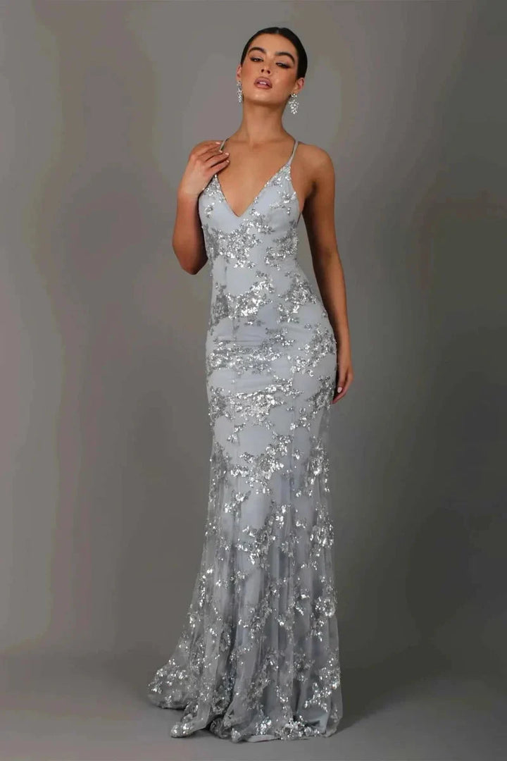 Women's Floor-Length V-Neck Spaghetti Strap Sequin Dress
