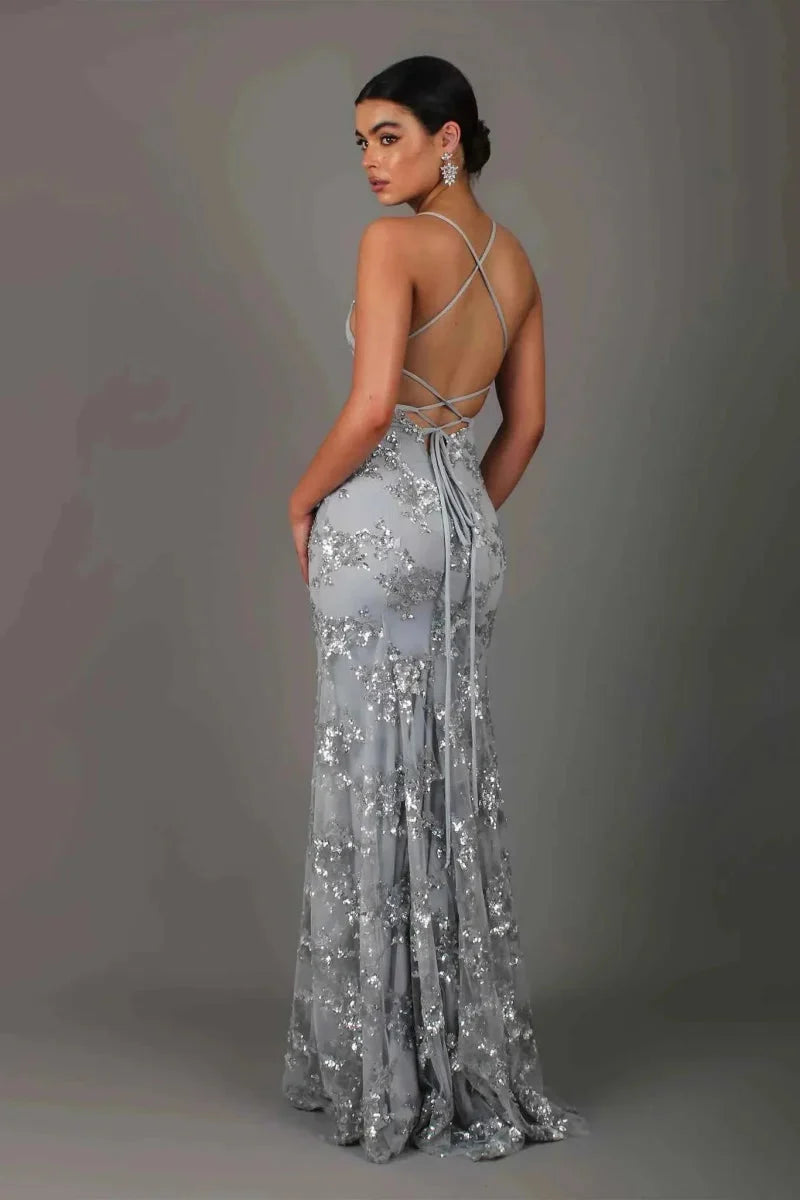 Women's Floor-Length V-Neck Spaghetti Strap Sequin Dress