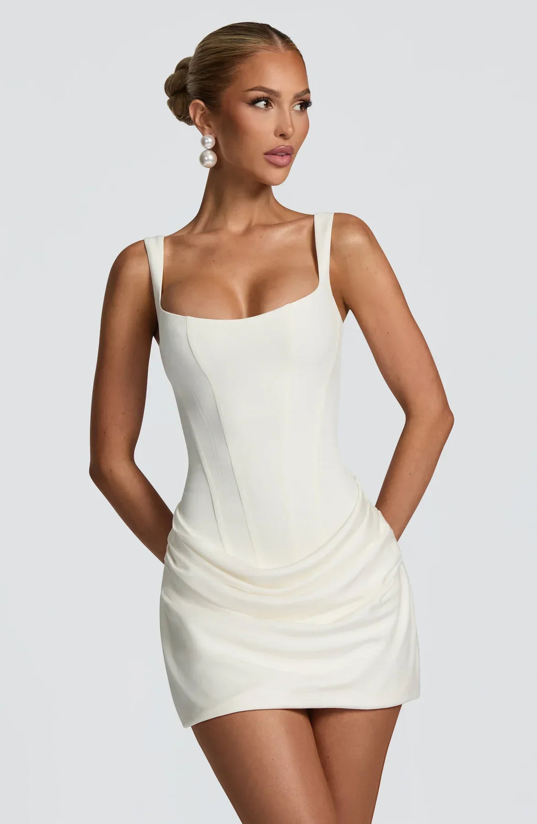Women's Ruched Mini Dress | Square Neck A-Line Silhouette | Lace-Up Back Detail | Party Holiday Evening Wear
