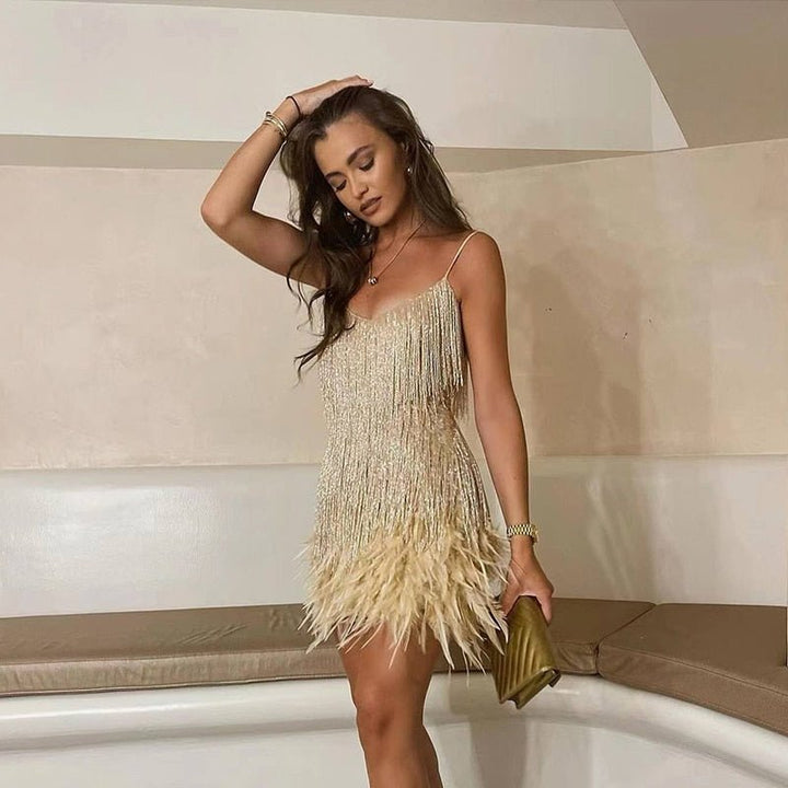 Women's Mini Dress with Spaghetti Straps, V-Neck, Sequin Trim, and Feather Hem Details