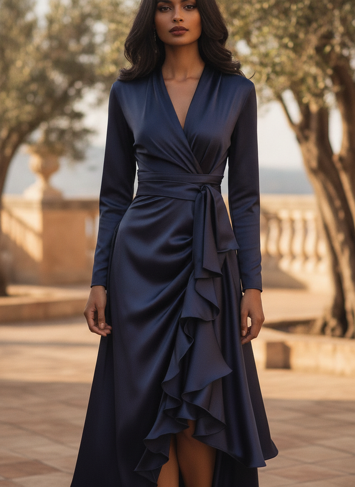 Pleated Satin Maxi Dress With Ruffle Details