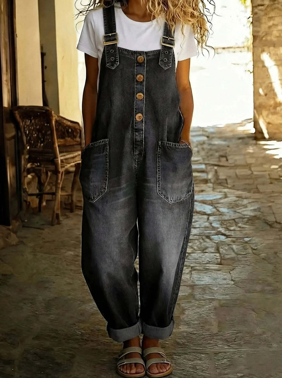 Casual Denim Jumpsuit with Adjustable Buckle