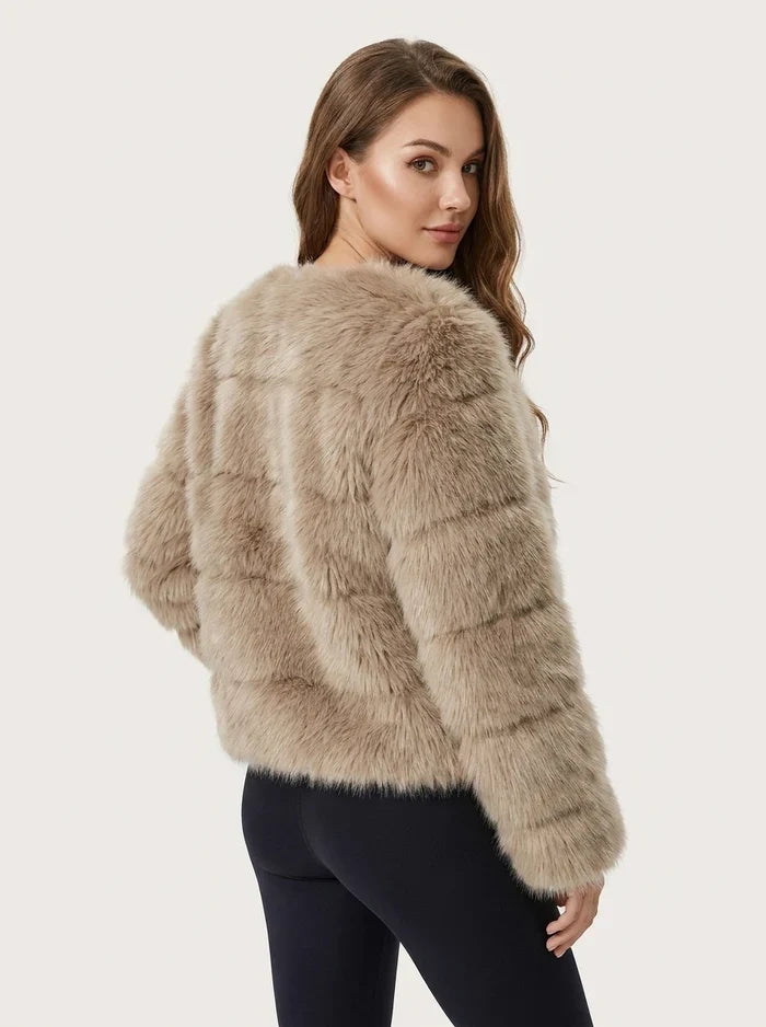 Women's Cropped Faux Fur Jacket | Relaxed Fit Plush Coat | Soft Textured Outerwear | Evening Party Winter Wear